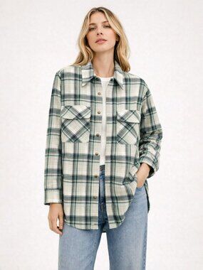 Aritzia TNA Womens Flannel Shacket Oversized Button Up Blue Plaid 100% Cotton XS